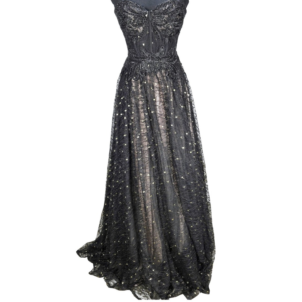 Women's Betsy & Adam 6 Black Gold Lace Corset Beaded Gown Whimsigoth Gothic